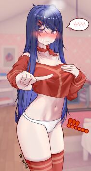 1girl @_@ absurdres blue_eyes blue_hair blush breasts closed_mouth covering_breasts covering_privates crop_top crop_top_overhang cropped_shirt diguo_keran_wu embarrassed feet_out_of_frame fingernails hair_ornament hairclip highres kind_mita_(miside) long_hair looking_at_viewer medium_breasts meme miside mita_(miside) mixed-language_commentary navel no_pants nose_blush one_finger_selfie_challenge_(meme) panties red_shirt red_thighhighs shirt solo spoken_blush standing thighhighs thighs underwear white_hair white_panties