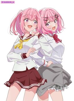 2girls :d amaori_haruna amaori_renako arm_hug ashigaya_high_school_uniform blush bow bowtie clothes_around_waist commentary cowboy_shot double_horizontal_stripe frilled_skirt frills grey_sweater hair_ornament hairclip highres kaneko_misaki long_sleeves multiple_girls neckerchief open_mouth pink_eyes pink_hair pleated_skirt ponytail red_bow red_bowtie red_sailor_collar red_skirt sailor_collar school_uniform serafuku shirt short_hair siblings simple_background sisters skirt small_sweatdrop smile sweater sweater_around_waist twitter_username watashi_ga_koibito_ni_nareru_wake_naijan_murimuri! white_background white_shirt x_hair_ornament yellow_neckerchief