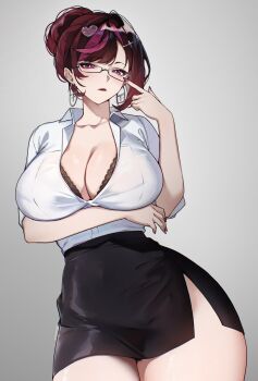 1girl alternate_hair_color arm_under_breasts black_bra black_skirt bra bra_peek breasts brown_hair cleavage closed_mouth collarbone collared_shirt cross_hair_ornament earrings elle_(vtuber) glasses hair_ornament heart heart_hair_ornament highres hoop_earrings indie_virtual_youtuber jewelry lips multicolored_hair office_lady pink_eyes pink_hair sakichka shirt side_slit skirt solo streaked_hair thighs twitter_username underwear virtual_youtuber white_shirt