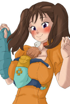 Rule 34 | 1boy, 1girl, blush, breasts, brown hair, caisama, diane (nanatsu no taizai), highres, king (nanatsu no taizai), large breasts, nanatsu no taizai, purple eyes, twintails