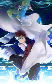 1boy 1girl armor armored_dress artoria_pendragon_(fate) back black_pants blonde_hair blue_dress blue_ribbon braid breastplate bun_with_braided_base cape closed_mouth dress emiya_shirou fate/grand_order fate/stay_night fate_(series) green_eyes hair_ribbon hakama hakama_pants highres holding holding_unworn_cape holding_unworn_clothes japanese_clothes looking_at_viewer magic_circle on_one_knee otama_(atama_ohanabatake) pants red_hair ribbon sandals senji_muramasa_(fate) short_hair single_bare_shoulder squatting summoning unworn_cape white_cape