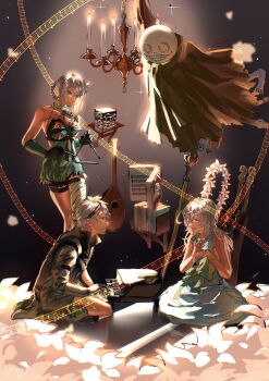 Rule 34 | 2boys, 2girls, aqua dress, bandaged leg, bandages, black cloak, black hairband, black jacket, blue negligee, blue sleeves, book, braid, braided hair rings, breasts, chandelier, cloak, closed eyes, commentary request, dress, emil (nier), flower, flower bed, grey hair, grimoire weiss, grin, hair between eyes, hair flower, hair ornament, hair rings, hairband, highres, instrument, jacket, kaine (nier), kneeling, lingerie, long hair, looking at another, medium breasts, miramintkurun, multiple boys, multiple girls, music, negligee, nier (brother), nier (brother) (pre timeskip), nier (series), open mouth, playing instrument, playing piano, short hair, singing, single bare shoulder, smile, teeth, thigh strap, triangle (instrument), underwear, white eyes, white flower, yonah