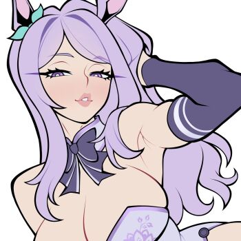 1girl alternate_breast_size_(larger) animal_ears aqua_bow arched_back arm_behind_head arm_up armpit_crease armpits arms_up bare_shoulders blush bow bowtie breasts cleavage detached_sleeves dress ear_bow ear_ribbon floral_print hair_intakes hair_ornament highres horse_ears horse_girl horse_tail large_breasts lips long_eyelashes long_hair looking_at_viewer mejiro_family_(umamusume) mejiro_mcqueen_(umamusume) ochii1 open_mouth parted_lips presenting_armpit print_dress purple_bow purple_bowtie purple_dress purple_eyes purple_hair ribbon sidelocks simple_background skindentation sleeveless sleeveless_dress smile solo swept_bangs tail umamusume unfinished upper_body white_background