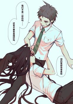 Rule 34 | 2boys, absurdres, ahoge, anger vein, black hair, black pants, breast pocket, brown eyes, brown hair, chinese text, collared shirt, cyacyacyacyaki, danganronpa (series), danganronpa 2: goodbye despair, dual persona, hand on another's forehead, hand on another's waist, highres, hinata hajime, kamukura izuru, lap pillow, long hair, male focus, multiple boys, pants, pocket, red eyes, shirt, short hair, short sleeves, simple background, speech bubble, translation request, very long hair, white background, white shirt