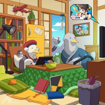 1girl ^_^ animalization beret bird book closed_eyes drawing_tablet duck food fruit hat himemori_luna hololive indie_virtual_youtuber inuyama_tamaki java_sparrow khoaphan96 kotatsu maimoto_keisuke nijisanji noripro oozora_subaru orange_(fruit) red_headwear shigure_ui_(vtuber) sitting table television trash_can virtual_youtuber waving