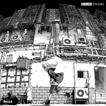 1girl absurdly_detailed_composition absurdres air_conditioner bad_link building city cityscape complex_exterior fisheye from_side greyscale hands_in_pockets highres hood hood_down monochrome omao original outdoors scenery shorts side_ponytail sign solo stairs third-party_source trash_bag urban wide_shot wire