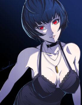 1girl black_hair breasts choker cleavage collar commentary_request corner50777313 doctor dress gothic_punk highres jewelry large_breasts lingerie necklace persona persona_5 persona_5_the_royal red_eyes short_hair sleeveless sleeveless_dress solo studded_choker studded_collar takemi_tae underwear