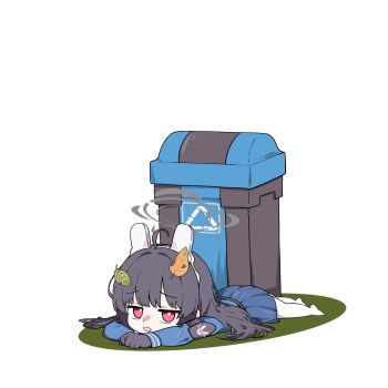 1girl 686panda absurdres ahoge black_gloves black_hair blue_archive blue_sailor_collar blue_skirt chibi colored_shadow full_body gloves halo headgear highres leaf leaf_on_head long_hair looking_at_viewer lying miyu_(blue_archive) no_shoes on_stomach open_mouth pantyhose pleated_skirt recycle_bin red_eyes sailor_collar shadow simple_background skirt solo trash_can very_long_hair white_background white_pantyhose