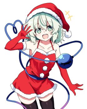 +++ 1girl absurdres black_thighhighs blush christmas collarbone commentary cowboy_shot dress elbow_gloves eyeball fur-trimmed_dress fur-trimmed_gloves fur-trimmed_headwear fur_trim gloves green_eyes green_hair hat heart heart_of_string highres komeiji_koishi looking_at_viewer open_mouth pioartstuff red_gloves santa_costume santa_dress santa_hat simple_background smile solo teeth thighhighs third_eye touhou upper_teeth_only white_background