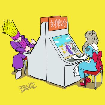 Rule 34 | 1boy, 1girl, aqua dress, arcade cabinet, blonde hair, dated, dress, elbow gloves, gloves, headband, jacket, justice gakuen, kazama akira, kirishima kurow, kirishima yurika, light brown hair, misodiru, moero! justice gakuen, purple jacket, red footwear, red ribbon, ribbed shirt, ribbon, sharp teeth, shiritsu justice gakuen, shirt, spiked hair, teeth, translation request, turtleneck, white gloves, edge (justice gakuen)