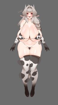 1girl animal_ears animal_print areola_slip bikini blush braid breasts cameltoe cow_ears cow_girl cow_print cow_print_bikini cow_print_gloves cow_print_thighhighs cow_tail elbow_gloves female_pubic_hair gloves grey_background grey_hair hair_intakes hair_over_shoulder highres horns huge_breasts lips long_hair mu_(muuu0o0) open_mouth original print_bikini print_gloves print_thighhighs pubic_hair pubic_hair_peek red_eyes reference_sheet single_braid skindentation solo standing swimsuit tail thick_thighs thighhighs thighs