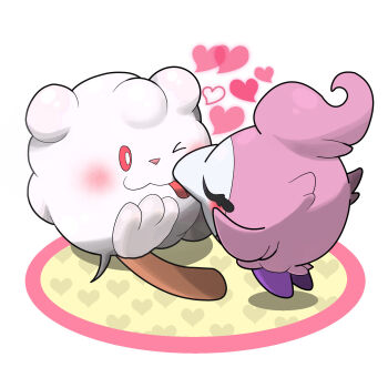 &gt;_o closed_eyes commentary_request draining_kiss_(pokemon) eyelashes gen_6_pokemon heart highres mimizurain nintendo no_humans one_eye_closed pokemon pokemon_(creature) pokemon_focus pokemon_move simple_background sitting smile spritzee swirlix tongue tongue_out white_background