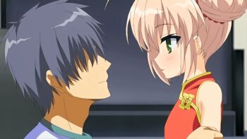 1girl animated animated_gif blonde_hair blue_eyes blush hair_ribbon hajimete_no_orusuban kiss long_hair mizuki_shiori ribbon spanish_text
