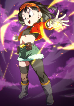 1girl bandeau black_bandeau black_eyes black_hair cloud commentary_request dragon_ball dragon_ball_heroes energy_beam flat_chest green_shorts headband jacket midriff navel open_clothes open_jacket open_mouth orange_headband pan_(dragon_ball) pan_(xeno)_(dragon_ball) purple_sky red_jacket rom_(20) short_hair shorts single_leg_pantyhose sky solo