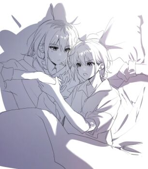 2girls blush closed_mouth cuddling girls_band_cry greyscale highres holding_hands hood hoodie i2727272727 iseri_nina kawaragi_momoka long_hair monochrome multicolored_hair multiple_girls open_mouth pajamas pillow roots_(hair) short_hair under_covers yuri