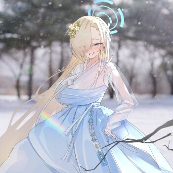 Rule 34 | 1girl, asuna (blue archive), blonde hair, blue archive, blue eyes, blue halo, blue skirt, blush, breasts, chico (51m741), commentary, flower, grin, hair flower, hair ornament, hair over one eye, halo, hanbok, highres, korean clothes, large breasts, long hair, long skirt, see-through clothes, see-through shirt, shirt, skirt, smile, solo, untranslatable commentary, very long hair, white hanbok, white shirt