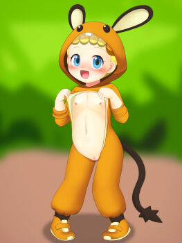 1girl :d blonde_hair blue_eyes blush bonnie_(pokemon) cleft_of_venus cosplay dedenne dedenne_(cosplay) flat_chest full_body gen_6_pokemon highres loli looking_at_viewer miyanii_(myanie) navel nintendo nipples onesie open_mouth pokemon pokemon_(anime) pokemon_xy_(anime) pussy rickets smile standing uncensored