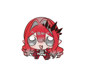 1girl baobhan_sith_(fate) baobhan_sith_(first_ascension)_(fate) chibi detached_sleeves dress fang fate/grand_order fate_(series) full_body grey_eyes hair_ornament hand_up highres long_hair mikon_(nicknqme) open_mouth pointy_ears red_dress sidelocks smile solo white_background