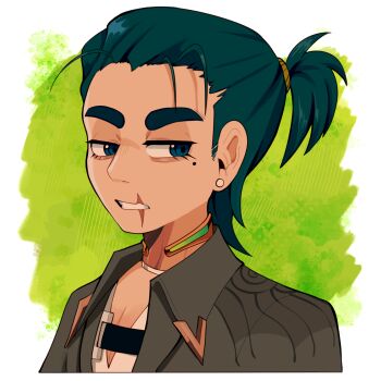 Rule 34 | 1boy, clem (calmeremerald), commentary, commission, earrings, english commentary, green background, green eyes, green hair, hair tie, highres, jacket, jewelry, looking at viewer, medium hair, mole, mole under eye, of the devil, parted lips, scar on lip, solo, sosuke ikariya, stud earrings, thick eyebrows, upper body