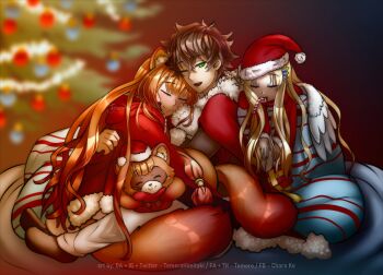 2girls ;d alternate_costume animal_ear_fluff animal_ears animal_on_leg artist_name black_hair blonde_hair blunt_bangs blush boots brown_boots brown_hair christmas christmas_ornaments christmas_present christmas_tree closed_mouth colored_tips commentary deviantart_username english_commentary facebook_username filo_(tate_no_yuusha_no_nariagari) fur-trimmed_hood fur_trim furaffinity_username gift hair_between_eyes hair_ornament hat highres hood hood_down hoodie instagram_username iwatani_naofumi long_hair long_sleeves lying_on_another messy_hair metal_hair_tubes multicolored_hair multiple_girls nose_blush one_eye_closed open_mouth pajamas pants pom_pom_(clothes) raccoon_ears raccoon_girl raccoon_tail raised_eyebrows raph-chan raphtalia red_hair red_hat red_hoodie red_pajamas santa_costume santa_hat short_hair smile straight_hair striped_clothes striped_pajamas tail tanuki tate_no_yuusha_no_nariagari temerohimitaki twitter_username two-tone_pajamas upper_body watermark wavy_hair white_pajamas white_pants wing_hair_ornament