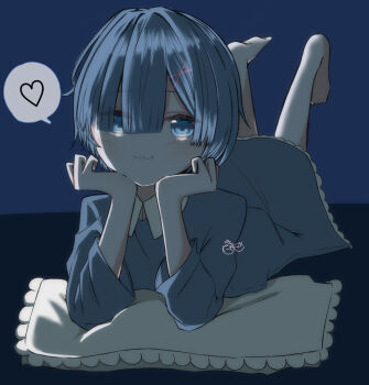 1girl :3 artist_request bad_id bad_pixiv_id barefoot blue_eyes blue_hair feet_up hands_on_own_chin highres looking_at_viewer lying on_stomach re:zero_kara_hajimeru_isekai_seikatsu rem_(re:zero) short_hair smile solo