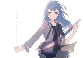 1girl :3 asahi_rokka bang_dream! bang_dream!_girls_band_party! black-framed_eyewear black_shirt black_skirt blazer blue_hair closed_mouth collarbone collared_shirt commentary copyright_name cowboy_shot electric_guitar eyewear_hang glasses grey_eyes grey_jacket guitar highres holding holding_guitar holding_instrument holding_plectrum instrument jacket long_hair long_sleeves looking_at_viewer plectrum shirt simple_background skirt solo torn_clothes torn_shirt unworn_eyewear white_background yukitake_(bullfalk)