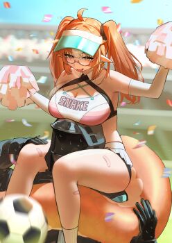 absurdres arknights ball bouncing_breasts breasts cheerleader commentary_request confetti doctor_(arknights) head_between_thighs highres holding holding_pom_poms large_tail pom_pom_(cheerleading) pom_poms sanzuitaroh snake_girl snake_tail soccer_ball tail wulfenite_(arknights) wulfenite_(bouncing_rhythms)_(arknights)