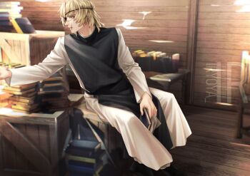 Rule 34 | 1boy, artist logo, badeni, black tabard, blonde hair, book, book stack, chi.: chikyuu no undou ni tsuite, eyepatch, full body, highres, holding, holding book, indoors, iorbtyn, logo, male focus, medium hair, scar, scar on face, scar on mouth, scar on nose, sitting, solo, tabard, tonsure, wooden wall