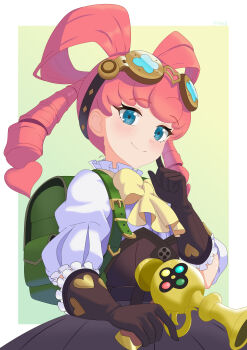 1girl absurdres ace_attorney baozi_9527 blue_eyes border bow bowtie brown_dress brown_gloves closed_mouth commentary_request dress drill_hair gloves goggles goggles_on_head gun hair_rings highres holding holding_gun holding_weapon iris_wilson long_hair looking_at_viewer outside_border pink_hair puffy_sleeves shirt simple_background solo the_great_ace_attorney twin_drills twintails weapon white_border white_shirt yellow_bow yellow_bowtie