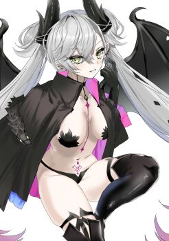 1girl black_cloak black_hands black_panties black_thighhighs body_markings breasts choker cloak colored_extremities crossed_bangs demon_girl demon_horns demon_wings ear_piercing fate/grand_order fate_(series) green_eyes grey_hair grin hair_between_eyes highres hiyoko_(96823534) horns lilith_(fate) lilith_(second_ascension)_(fate) long_hair looking_at_viewer medium_breasts navel panties piercing pointy_ears smile solo stomach_tattoo tattoo thighhighs thighs twintails underwear very_long_hair wings