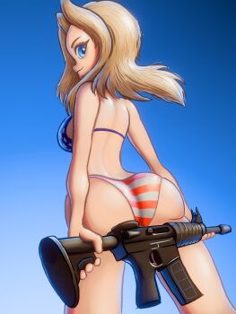 1girl american_flag american_flag_bikini american_flag_print ar-15 ass bikini blonde_hair blue_bikini blue_eyes breasts flag_print flag_print_bikini from_behind girls_und_panzer gun holding holding_gun holding_weapon kay_(girls_und_panzer) large_breasts long_hair looking_at_viewer looking_back print_bikini red_bikini rifle sky smile soandnb standing star_(symbol) star_print striped_bikini striped_clothes swimsuit weapon