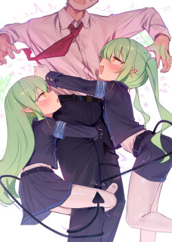 1boy 2girls absurdres armband blue_archive blush breasts commentary_request demon_tail green_hair halo highres hikari_(blue_archive) hug long_hair long_sleeves multiple_girls nozomi_(blue_archive) open_mouth pita_goral pointy_ears siblings sisters small_breasts smile tail tail_wrap twins yellow_eyes