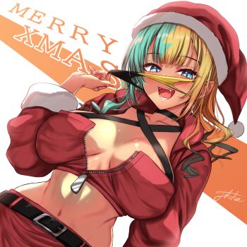 1girl :d aqua_hair bandeau belt black_belt black_choker blonde_hair blue_eyes breasts breasts_apart canari_(pokemon) choker collarbone commentary_request fangs hat large_breasts looking_at_viewer mask mask_pull merry_christmas midriff mouth_mask multicolored_hair navel nintendo open_mouth pokemon pokemon_legends:_z-a red_bandeau santa_costume santa_hat smile solo split-color_hair stomach takecha tan upper_body zipper zipper_pull_tab