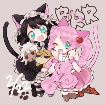 2boys 2girls :3 ahoge aion_(myumon)_(show_by_rock!!) aion_(show_by_rock!!) animal_ears aqua_eyes az1199 bell black_dress black_hair blush cat_ears cat_girl cat_tail chibi chibikemo commentary_request cyan_(show_by_rock!!) dress fang furry furry_male gothic_lolita hair_ornament hairband heart heart_ahoge heart_hair_ornament highres holding holding_chibi holding_mini_person jingle_bell lolita_fashion lolita_hairband long_hair looking_at_viewer mini_person miniboy multiple_boys multiple_girls one_eye_closed open_mouth pink_hair rom_(myumon)_(show_by_rock!!) rom_(show_by_rock!!) rosia_(show_by_rock!!) short_hair show_by_rock!! smile tail twintails very_long_hair
