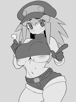 1girl breasts champchidi cowboy_shot crop_top curvy eyelashes furrowed_brow gloves greyscale hands_up hat highres index_finger_raised large_breasts light_blush long_hair looking_at_viewer mega_man_(series) mega_man_legends_(series) micro_shorts monochrome navel newsboy_cap nipple_slip nipples puff_of_air roll_caskett_(mega_man) shirt shorts sleeveless sleeveless_shirt solo spiked_hair sweat sweatdrop turtleneck turtleneck_shirt underboob