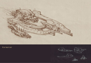 Rule 34 | blueprint (medium), brown theme, commentary, concept art, corvette (eve online), english commentary, english text, eve online, flying, from side, highres, multiple views, no humans, original, pintoro, science fiction, spacecraft, vehicle focus