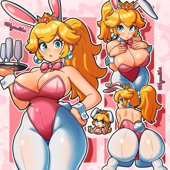 1girl animal_ears bare_shoulders blonde_hair blue_eyes blush breasts chibi cowboy_shot double_v fake_animal_ears fake_tail from_above from_behind kneeling large_breasts leotard long_hair looking_at_viewer mario_(series) multiple_views nintendo nyazuli pantyhose pink_background pink_leotard playboy_bunny ponytail princess_peach rabbit_ears rabbit_tail standing tail tray v white_pantyhose wrist_cuffs