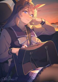 Rule 34 | 1girl, animal ears, bag, black pantyhose, blue eyes, blush, bow, bowtie, box, box of chocolates, braid, breasts, brown hair, car interior, closed mouth, commentary request, ear bow, hair between eyes, head rest, highres, holding, holding box, horse ears, horse girl, horse tail, large breasts, long hair, looking at viewer, multicolored hair, pantyhose, pleated skirt, purple sailor collar, purple serafuku, purple shirt, purple skirt, reihou19, sailor collar, sailor shirt, school bag, school uniform, serafuku, shirt, skirt, sky, smile, solo, streaked hair, super creek (umamusume), sweatdrop, tail, tracen school uniform, umamusume, very long hair, white bow, white bowtie, white hair