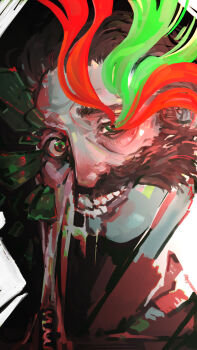 Rule 34 | 1boy, bloodybitessquare, body horror, brown hair, commentary, disco elysium, english commentary, exposed teeth, facial hair, green eyes, grin, hair slicked back, half-closed eye, harry du bois, highres, looking at viewer, male focus, melting, mutton chops, portrait, smile, solo, wide-eyed