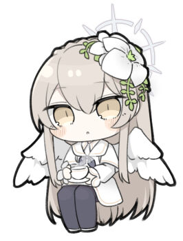 1girl :o black_neckerchief black_pantyhose blue_archive blush_stickers braid brown_eyes brown_hair capelet chibi crown_braid cup dress feathered_wings flower full_body hair_between_eyes hair_flower hair_ornament halo holding holding_cup holding_saucer long_hair looking_at_viewer miranofuudoria nagisa_(blue_archive) neckerchief pantyhose parted_lips saucer shoes simple_background sitting solo steam teacup very_long_hair white_background white_capelet white_dress white_flower white_shoes white_wings wings