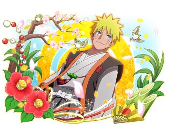 Rule 34 | 1boy, bamboo, bird, blonde hair, blue eyes, cherry blossoms, clothing request, facial mark, flower, folding fan, hand fan, japanese clothes, leaf, naruto (series), naruto shippuuden, naruto shippuuden: ultimate ninja blazing, official alternate costume, official art, red flower, short hair, solo, upper body, uzumaki naruto, whisker markings