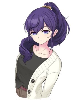 Rule 34 | 1girl, arm at side, asahina mafuyu, belt, black shirt, breasts, brown pants, cardigan, closed mouth, collarbone, commentary, corrupted twitter file, cropped torso, expressionless, hair between eyes, hair ornament, hair over shoulder, hair scrunchie, high ponytail, highres, long hair, long sleeves, looking at viewer, medium breasts, open cardigan, open clothes, orange scrunchie, pants, pink belt, ponytail, project sekai, purple eyes, purple hair, scrunchie, shirt, shirt partially tucked in, sidelocks, simple background, solo, taizan gaki, upper body, white background, white cardigan