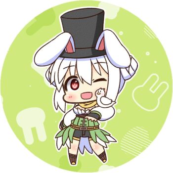 1girl :d animal_ears animal_on_arm bird bird_on_arm black_hat black_shorts blush boots breasts brown_boots canvas_texture chibi chibi_only commentary_request corset double_bun dove fake_animal_ears full_body green_corset hair_bun hat highres long_sleeves looking_at_viewer medium_breasts official_alternate_costume one_eye_closed open_mouth rabbit_ears ragnarok_online ranger_(ragnarok_online) red_eyes shirt shizukushigure short_shorts shorts smile solo standing top_hat white_background white_hair white_shirt