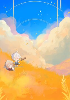 Rule 34 | 2boys, absurdres, antenna hair, black shorts, black tank top, blonde hair, blue sky, braid, closed eyes, commentary, english commentary, gladiator sandals, gradient hair, highres, holding, holding sword, holding weapon, honkai: star rail, honkai (series), lying, male focus, medium hair, multicolored hair, multiple boys, mydei (a trail of bygone blood) (honkai: star rail), mydei (honkai: star rail), nya deko, on back, parted bangs, phainon (a dream scented in wheat) (honkai: star rail), phainon (honkai: star rail), red hair, sandals, shirt, short hair, shorts, side braid, sky, sleeping, sword, tank top, weapon, wheat field, white hair, white shirt, wooden sword