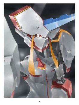 armor blue_horns breasts colored_skin darling_in_the_franxx helmet highres horns humanoid_robot mecha medium_breasts necktie orange_necktie red_eyes robot robot_girl science_fiction shoulder_armor single_horn skylock strelizia white_skin