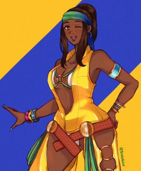 1girl bikini bingqiux breasts cleavage_cutout clothing_cutout curvy dancer dark-skinned_female dark_skin female_focus hairband huge_breasts jewelry large_breasts long_hair looking_at_viewer one_eye_closed panties ring smiley_face swimsuit tan the_king_of_fighters thick_thighs thighs underwear white_panties wide_hips wink zarina