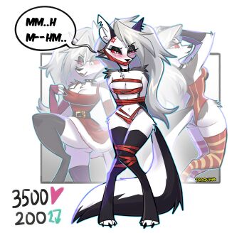 1girl absurdres anger_vein animal_ears blush body_fur breasts collar colored_sclera dress furry furry_female grey_fur grey_hair hellaverse helluva_boss highres leotard long_hair looking_at_viewer loona_(helluva_boss) praquina red_dress red_leotard red_ribbon red_sclera restrained ribbon santa_costume santa_dress snout spiked_collar spikes standing tail thighhighs white_fur wolf_ears wolf_girl wolf_tail