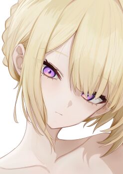 1girl absurdres blonde_hair close-up closed_mouth collarbone evelyn_chevalier hair_between_eyes highres looking_at_viewer mole mole_under_eye nude ponpokotanutan1 portrait purple_eyes sidelocks simple_background solo white_background zenless_zone_zero