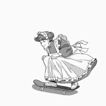 1girl animated apron apron_lift clothes_lift hair_bun jumping looping_animation maid maid_apron maid_headdress original shoes skateboard skateboarding sneakers solo stuffed_animal stuffed_cat stuffed_toy tagme video william_martinez