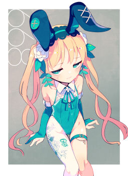 Rule 34 | 1girl, alternate costume, animal ears, arm support, bare shoulders, blonde hair, blush, border, closed mouth, commentary request, covered navel, cross, elbow gloves, embarrassed, fake animal ears, flat chest, from above, fuukadia (narcolepsy), gloves, green eyes, green leotard, grey background, highres, invisible chair, leg tattoo, leotard, long hair, looking at viewer, mahou shoujo no majo saiban, nervous sweating, outside border, pantyhose, playboy bunny, rabbit ears, single leg pantyhose, sitting, solo, strapless, strapless leotard, sweat, tattoo, thigh strap, tono hanna, twintails, wavy mouth, white border, white pantyhose